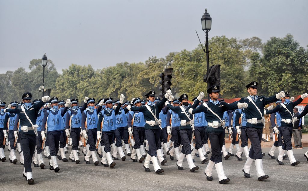 Indian Navy Force soldiers take part in Republic Day parade rehearsal