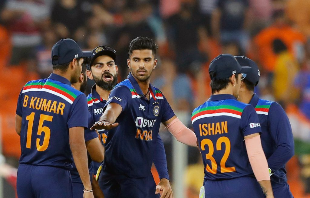 India's Washington Sundar celebrates the dismissal of England's Jason Roy