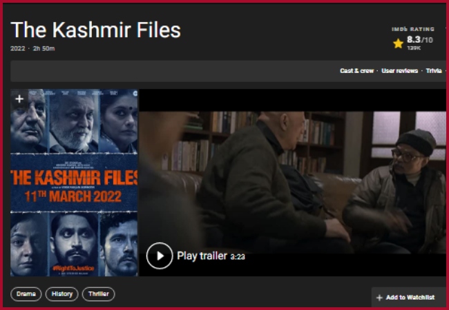 IMDb rating of ‘The Kashmir Files’ slashed to 8.3; Fans blame Anti-Hindu agenda for abrupt downfall