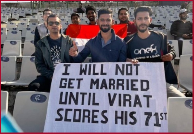 Virat Kohli’s fan waves poster saying, “won’t marry unitl he scores his 71st century”, here’s what happens next