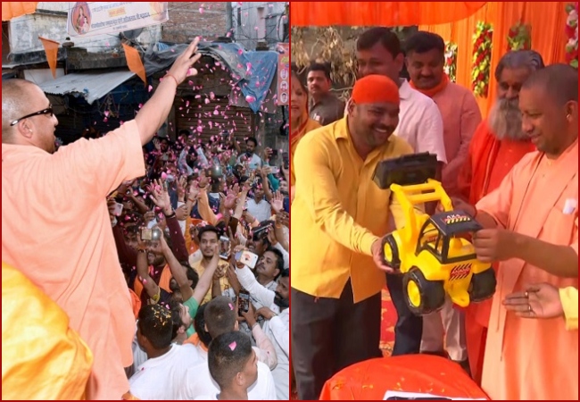 IN PICS: Yogi Adityanath celebrates Holi in Gorakhpur with sunglasses, toy bulldozer