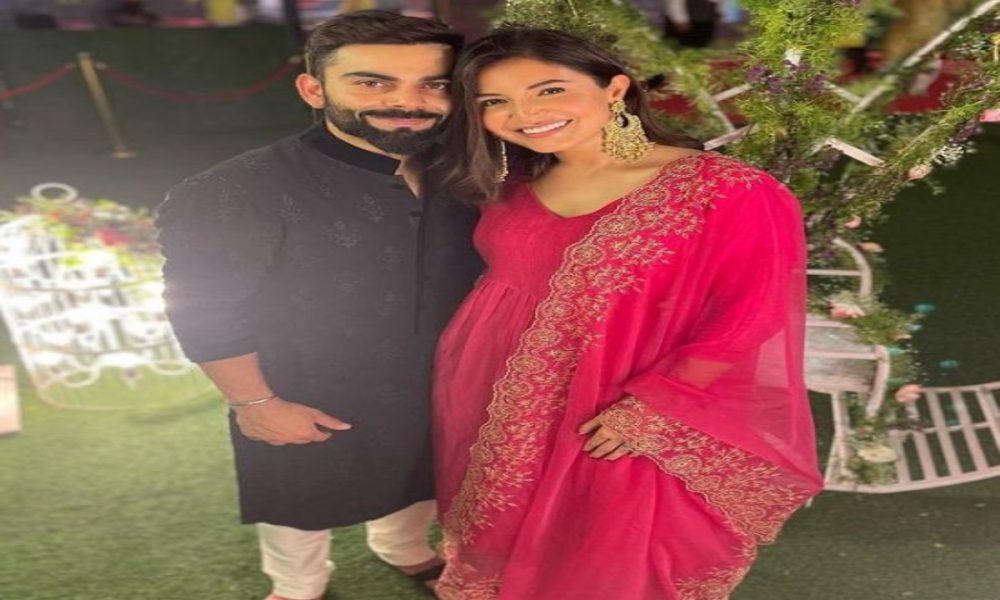 Anushka-Virat pose for a happy picture at fellow player Glenn Maxwell’s wedding reception
