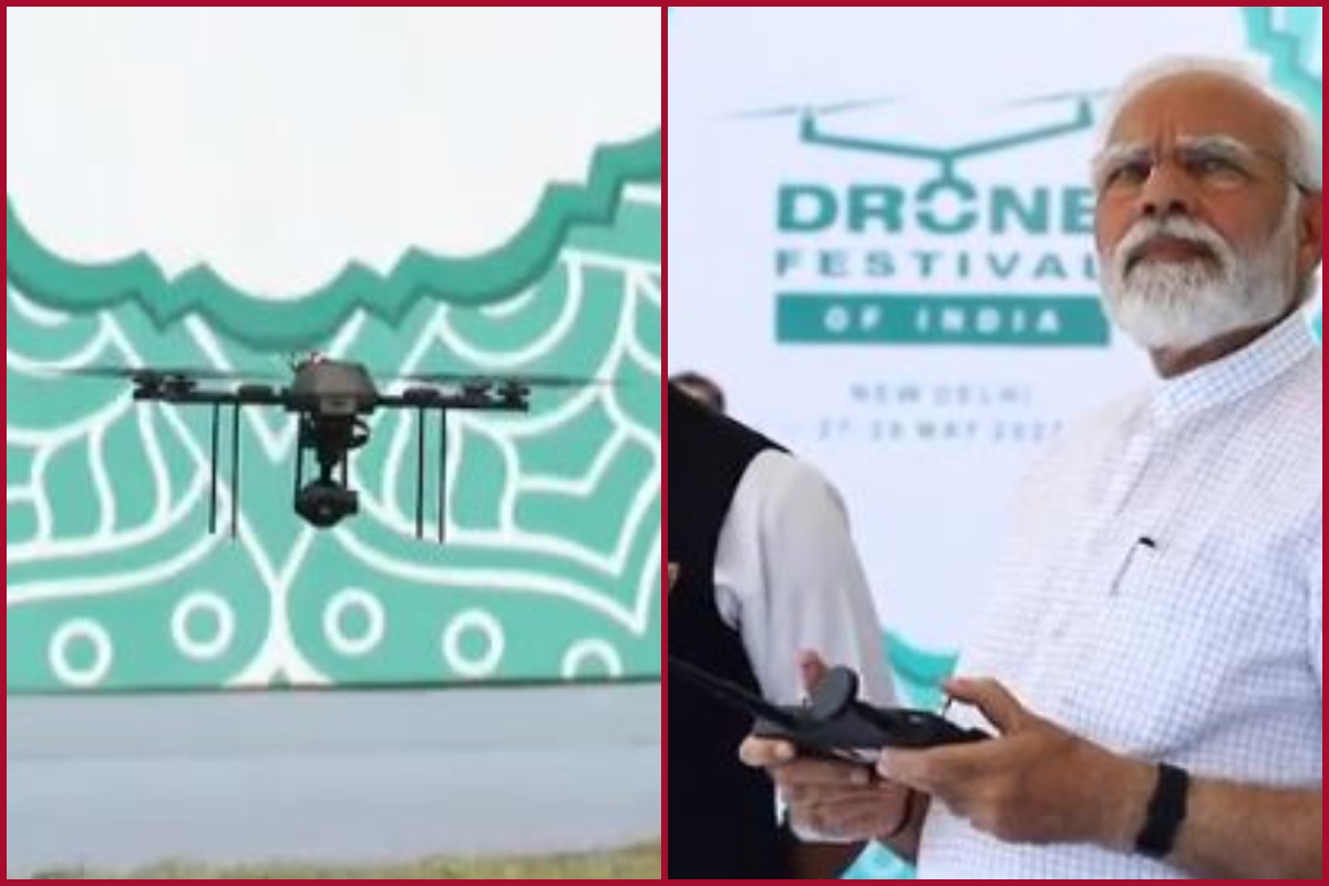 Delhi: PM Modi flies drone during inauguration of two-day ‘Bharat Drone Mahotsav’