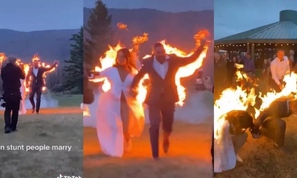 Newlyweds set themselves on fire during wedding exit, their STUNT VIDEO is viral