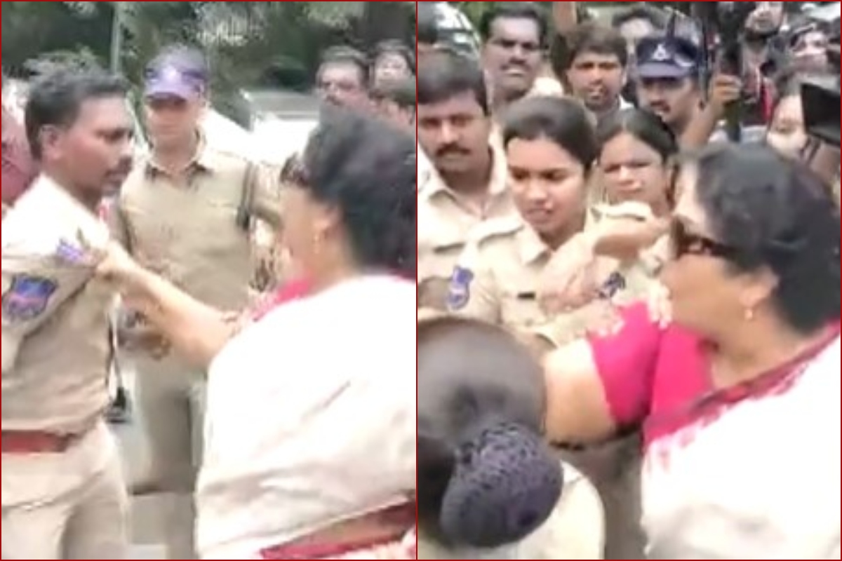 WATCH: Congress leader Renuka Chowdhury holds cop by his collar during protest in Telangana