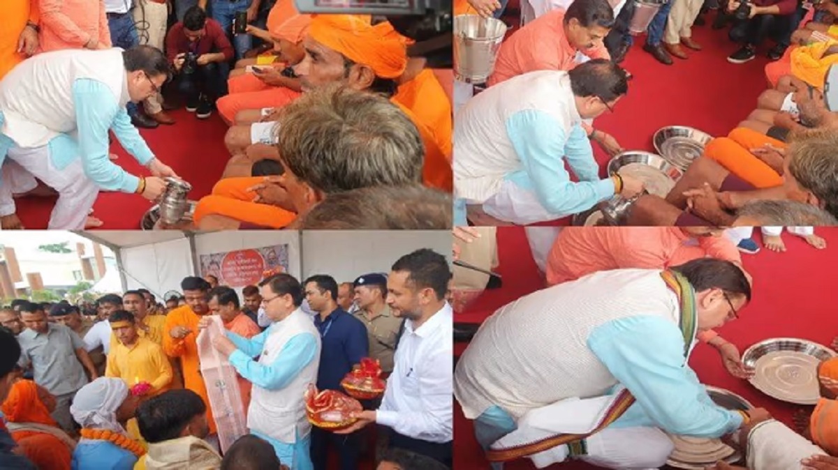 CM Dhami’s warm welcome to Kanwariyas; washes their feet & garlands them (VIDEO)