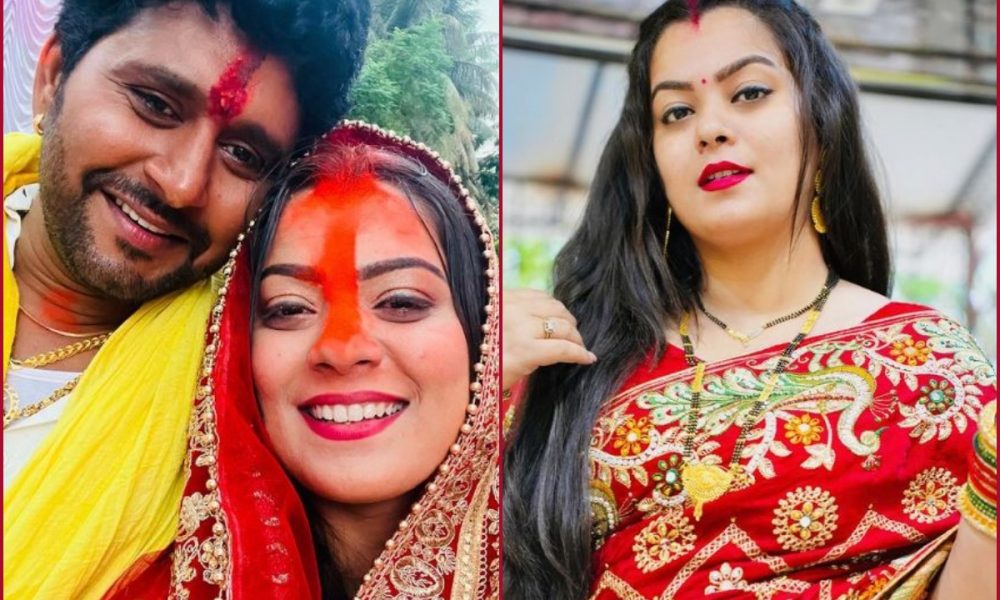 Bhojpuri Actress Nidhi Jha Teej Look:  In red heavy saree and matching lahathi the actress looked perfect ‘Bihari Bahu’