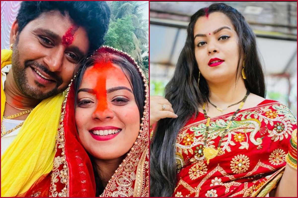 Bhojpuri Actress Nidhi Jha Teej Look:  In red heavy saree and matching lahathi the actress looked perfect ‘Bihari Bahu’