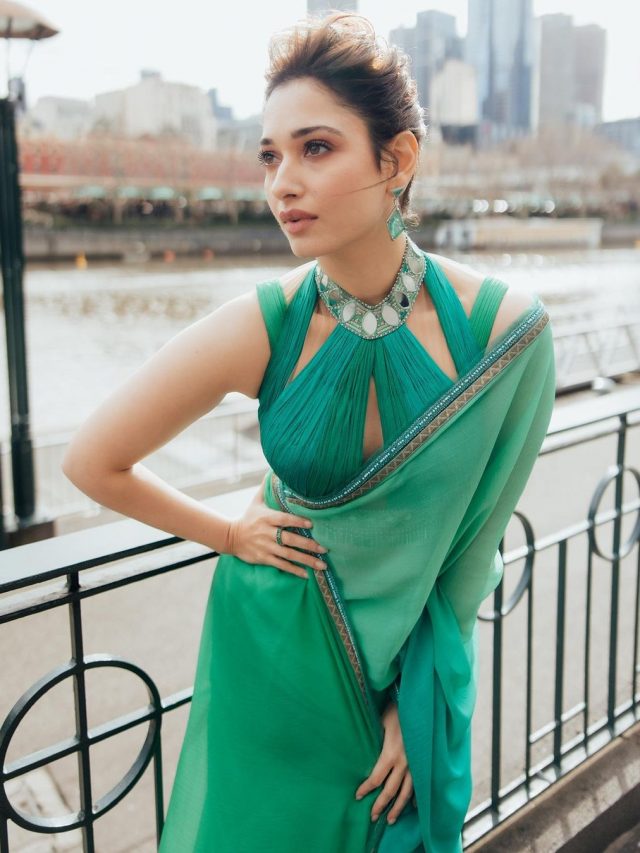 Tamannaah Bhatia stuns in a green chiffon saree & halter blouse