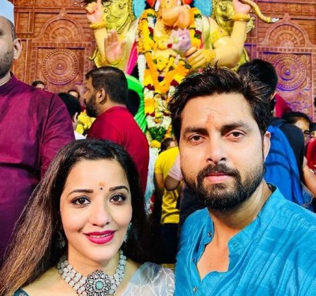 Bhojpuri actress Monalisa visits Lalbaugcha Raja with husband Vikrant Singh Rajput