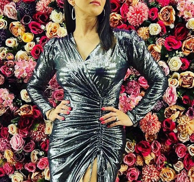 Sunny Leone raises temperature in silver bodycon thigh-high slit dress