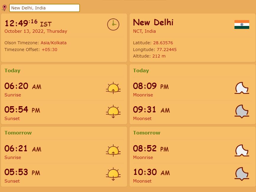 Sunrise and Moonrise local timings for New Delhi, India