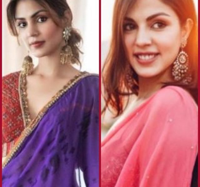 This Karwa Chauth take inspiration from Rhea Chakraborty for Desi Jhumkas and Saree Style