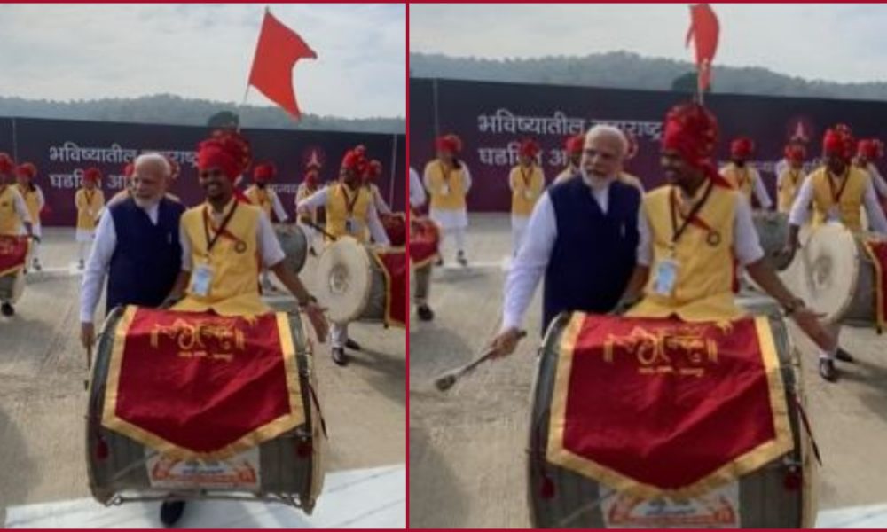 Maharashtra: After traditional welcome in Nagpur, PM Modi tries his hand on ‘Dhol’-WATCH VIDEO