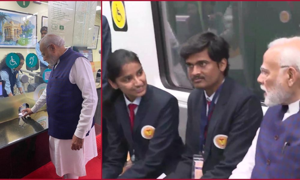 PM Modi purchases ticket at Freedom Park station of Nagpur Metro, takes a ride, interacts with students