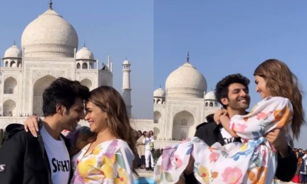 Kartik Aaryan, Kriti Sanon romance at Taj Mahal, announce Valentine’s Day offer on Shehzada’s tickets (VIDEO)