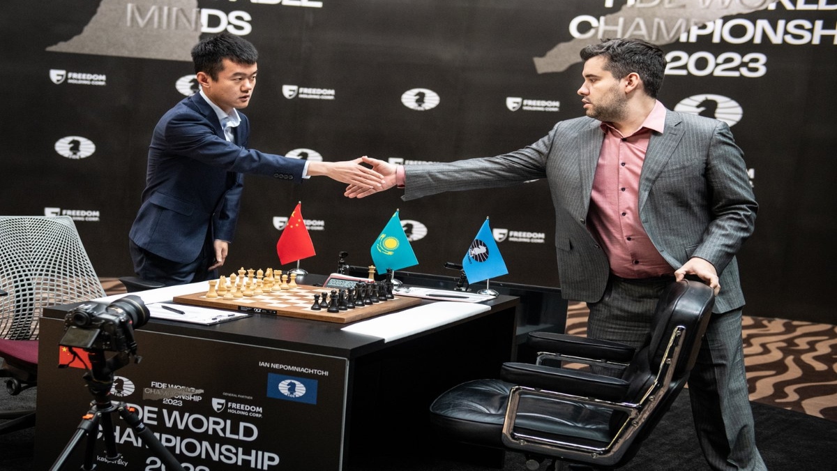 International Chess Federation on X: The first game of the FIDE World  Championship match ends in a draw. #NepoDing Ian Nepomniachtchi had some  advantage and put pressure on Ding Liren, but the