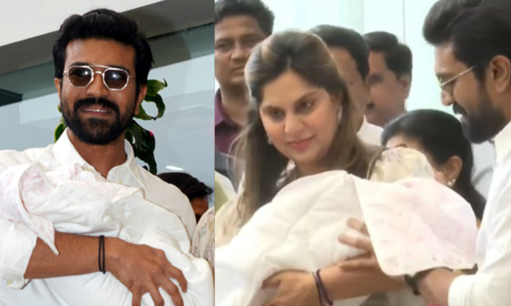 Roaring Crowd Welcomes As Telegu Star Ram Charan Makes First Public Appearance With His Baby Daughter In Hyderabad (VIDEO)