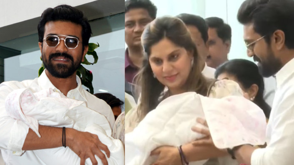 Roaring Crowd Welcomes As Telegu Star Ram Charan Makes First Public Appearance With His Baby Daughter In Hyderabad (VIDEO)