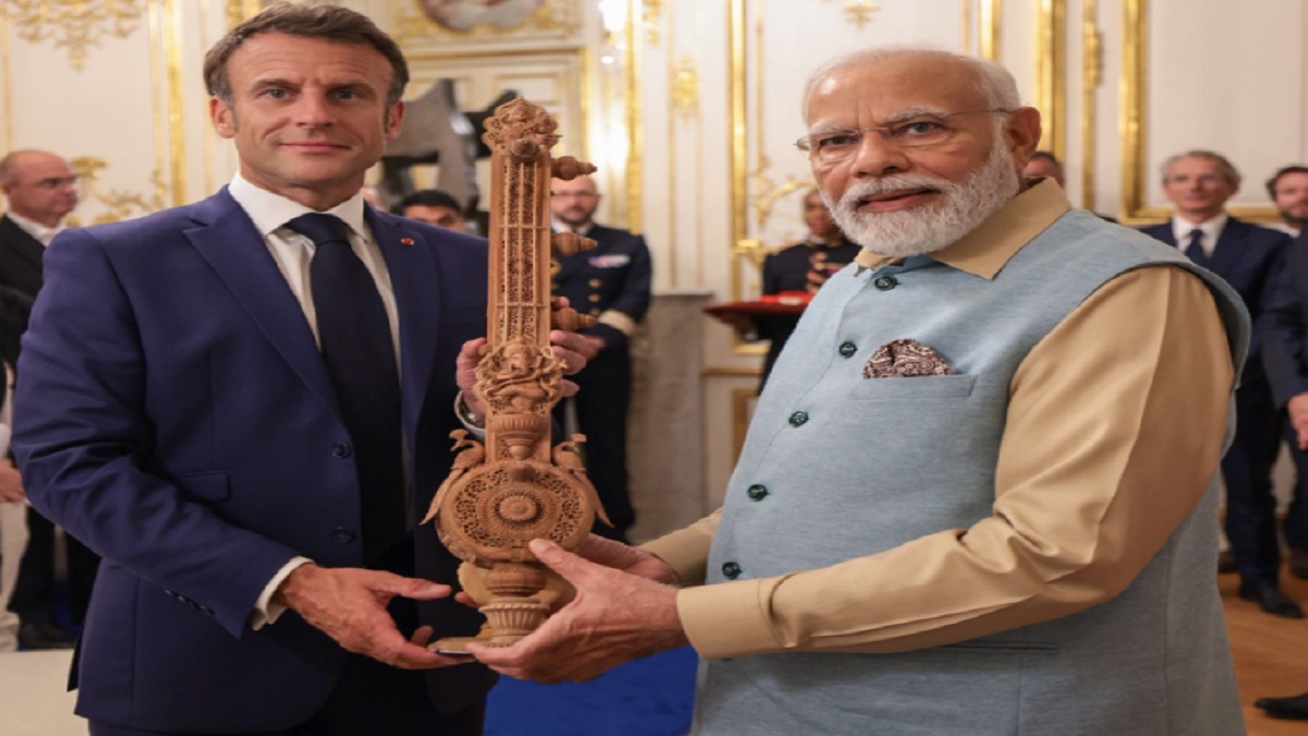 PM Modi gifts sandalwood sitar to French President Macron