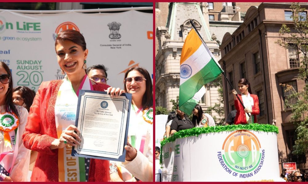 Jacqueline Fernandez waves tricolour in the 41st Annual Day Parade, New York