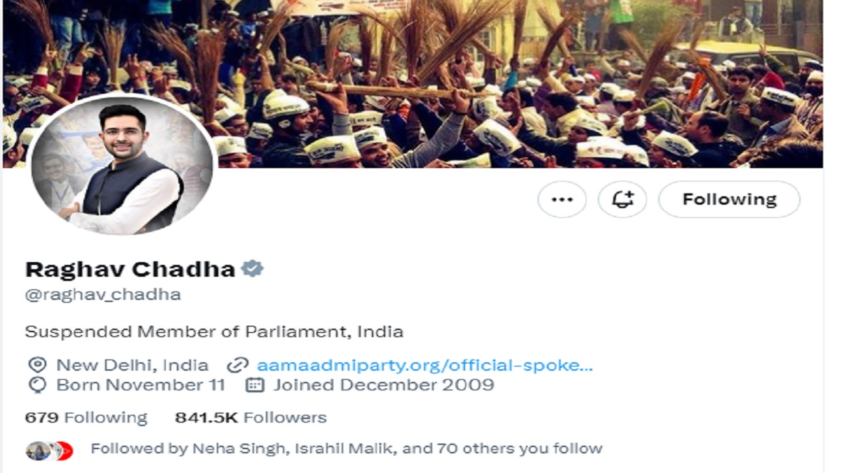 AAP MP Raghav Chadha changes his X bio to ‘Suspended Member of Parliament’