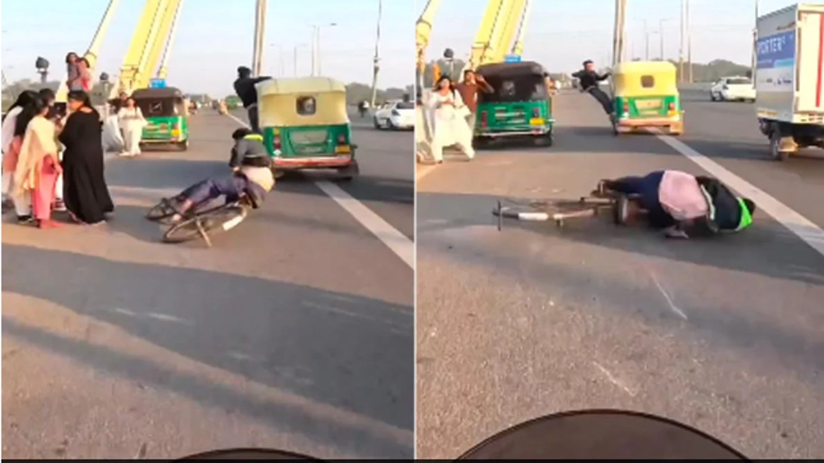 Man’s dangerous stunt knocks down cyclist on Delhi’s signature bridge, watch video
