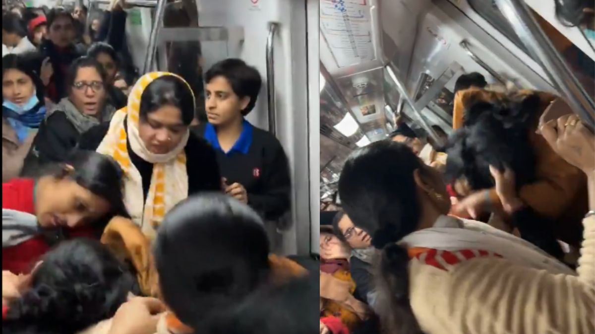 Delhi metro fight: Girls get into brutal fight, pulls hair & throws slaps in ladies coach | Viral video