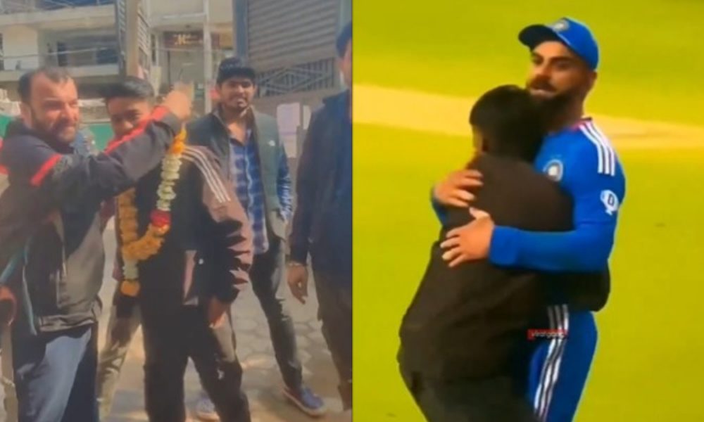 Fan held for pitch invasion & hugging Virat Kohli, welcomed with garlands by his friends