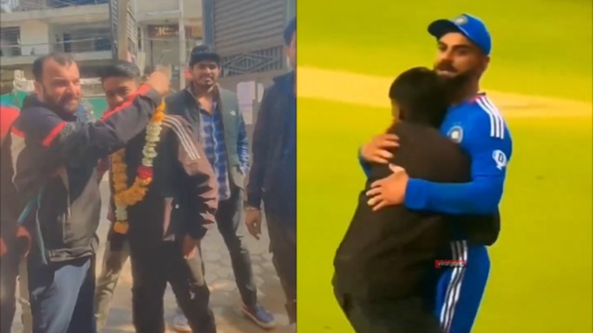 Fan held for pitch invasion & hugging Virat Kohli, welcomed with garlands by his friends