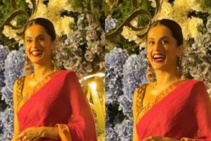 Taapsee Pannu makes first Public appearance post marriage, looks gorgeous in Red Saree with a sparkling smile