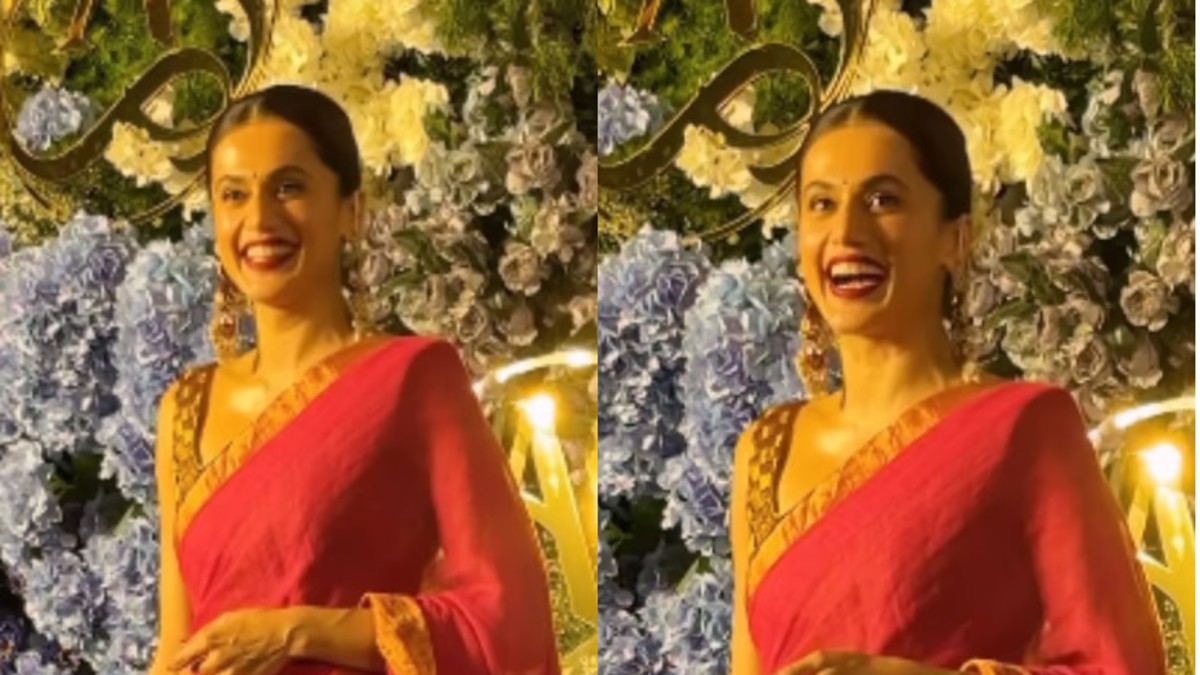 Taapsee Pannu makes first Public appearance post marriage, looks gorgeous in Red Saree with a sparkling smile