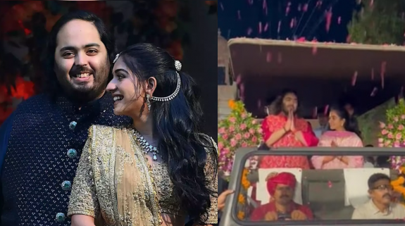 Watch: Newlywed couple Anant Ambani and Radhika Merchant receive welcome with flower shower in Jamnagar, Video Viral