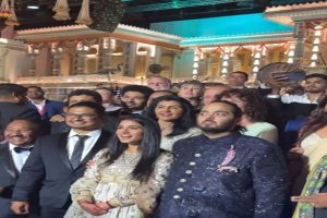 Newly Weds Anant Ambani-Radhika Merchant poses for group pictures with the guests during reception