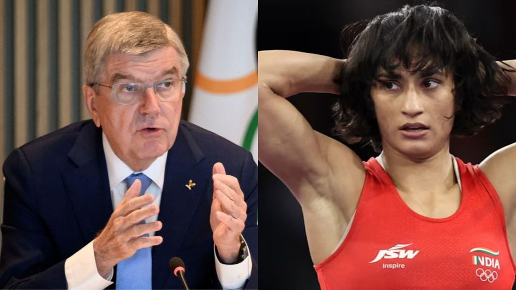 Thomas Bach (L) and Vinesh Phogat (R)